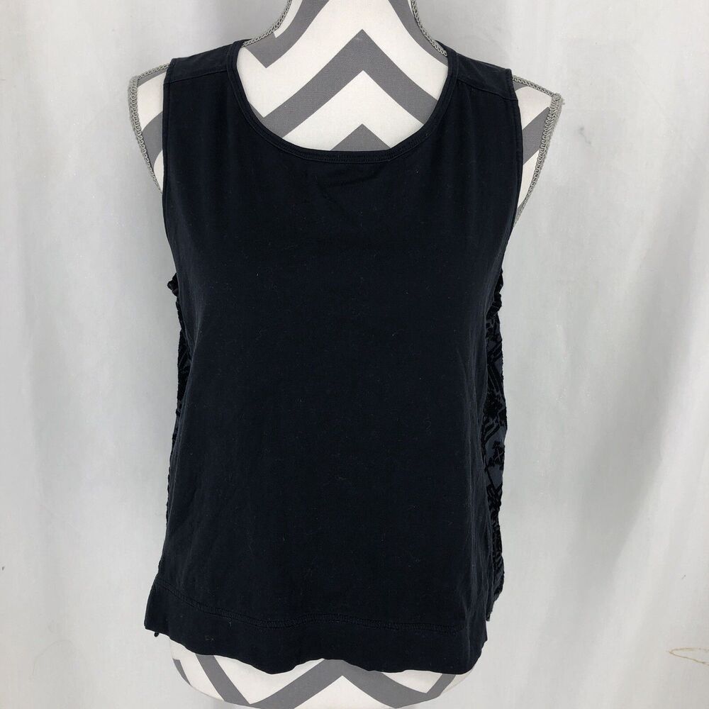 Madewell Cotton Silk Black Tank Top Button Back Sheer Embroidered Slit Large